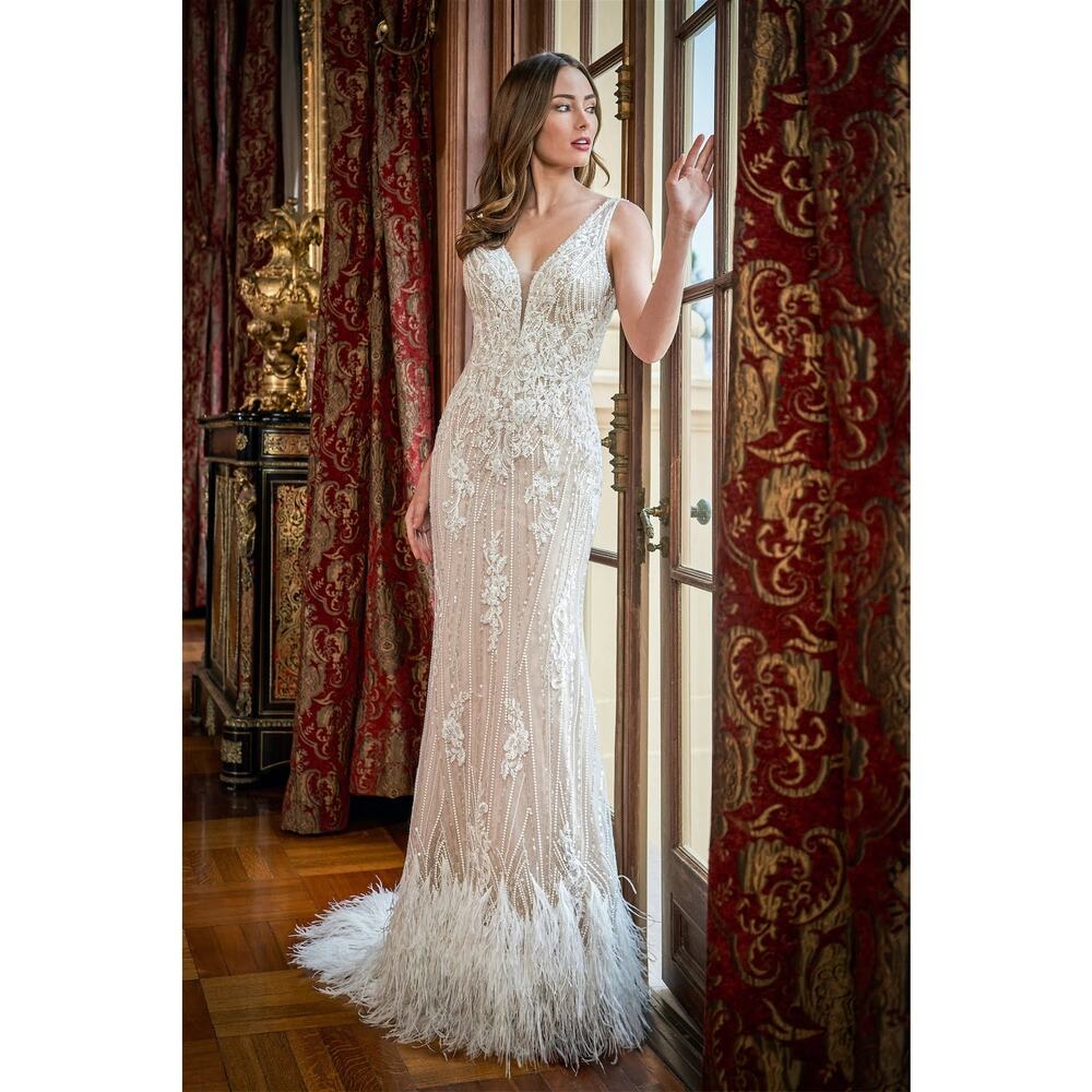 NEW Jasmine Couture 222061 Slim Retro Hollywood Gown w/ Ostrich Feathers